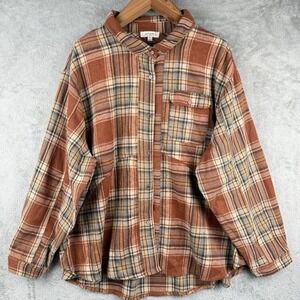 Umgee Oversized Plaid Flannel Shacket Womens 2XL Orange Button Up Grandpa Fall